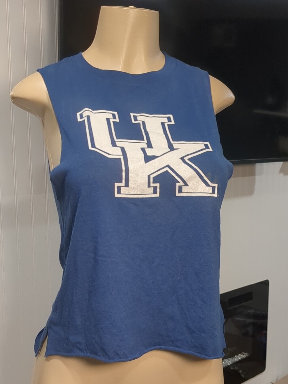 UK blue sleeveless crop tank top with white logo,Sz Small